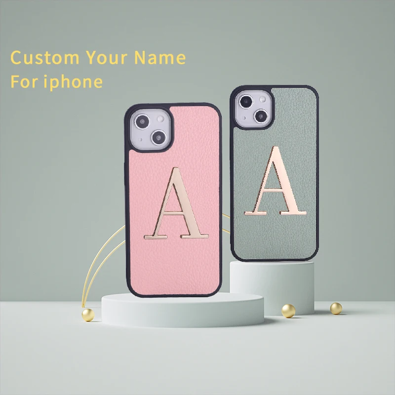 

Luxury Custom Initials Name A-Z Pebble Leather Metal Letter Phone Case For iPhone14 14ProMax 14Plus 13Promax Personalise Funda