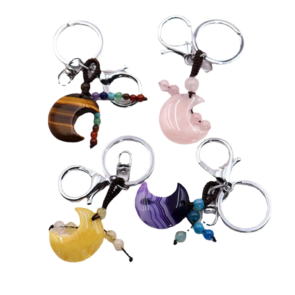 

Creative 5 Natural Stone Keychain Tiger Eye Agate Crystal Moon Shaped School Bag Car Key Pendant Couple New Trinket Gift Keyring