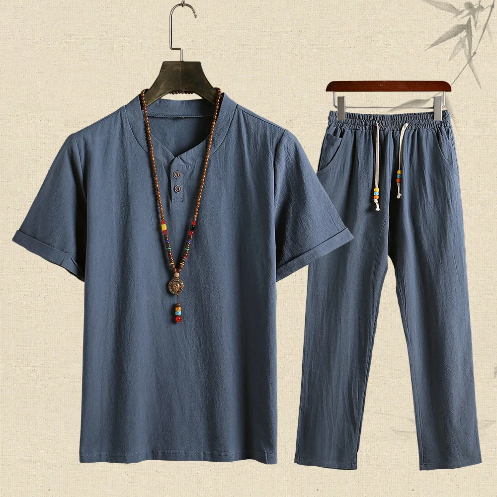 Summer Fashion Men Shirts Trousers Set Cotton And Linen Shirts Short Sleeve Men's Casual Top Pants Men Outfit S-3XL