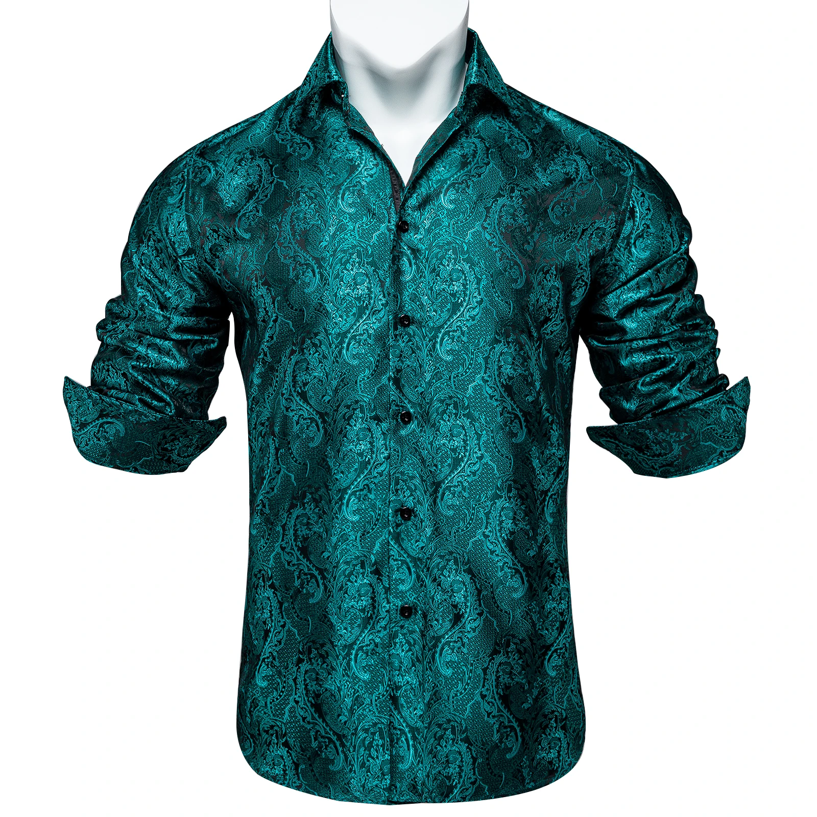 Teal Blue Paisley Silk Shirts Men Long Sleeve Shirt Soft Comfortable