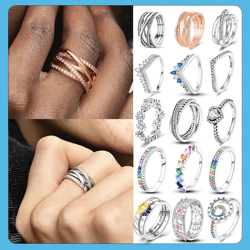 Silver Ring 925 Silver Sparkling & Polished Lines Rings for Women Rose Gold Color Pave Wedding Engagement Jewellery