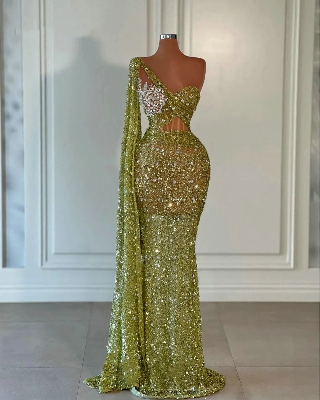 

Glamorous Crystal One Shoulder Prom Dresses Sequins Illusion Mermaid Evening Gowns Custom Made Robe De Soirée