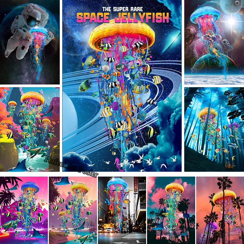 Super Rare Space Dreaming Meduse Canvas Poster Vita Marina Creature Marine Pittura Decorativa Wall Art Picture Room Home Decor