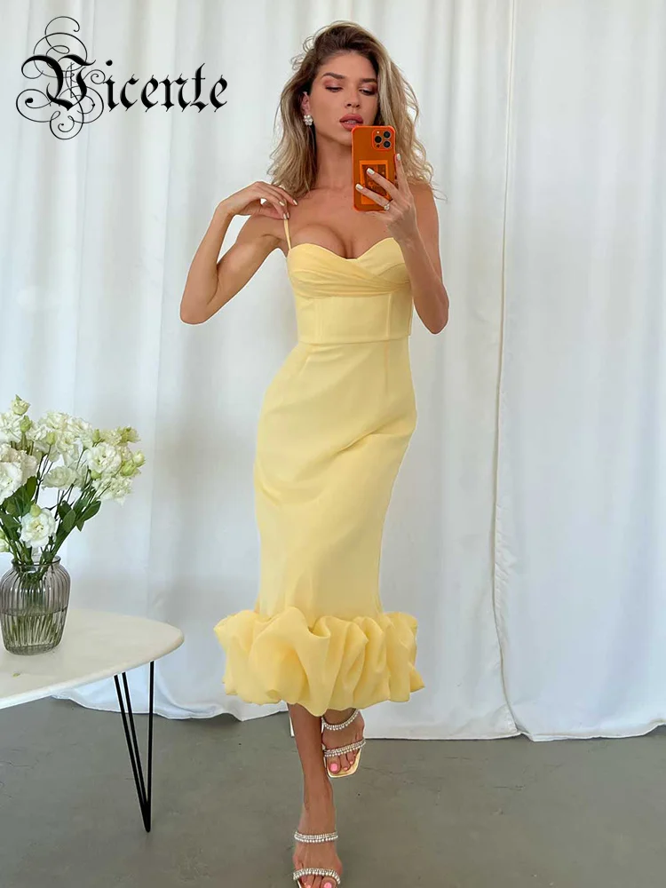 

VC Chic And Elegant Yellow Dress Women Beautiful Ruched Design Yellow Spaghetti Strap Midi Dress With Free Shipping