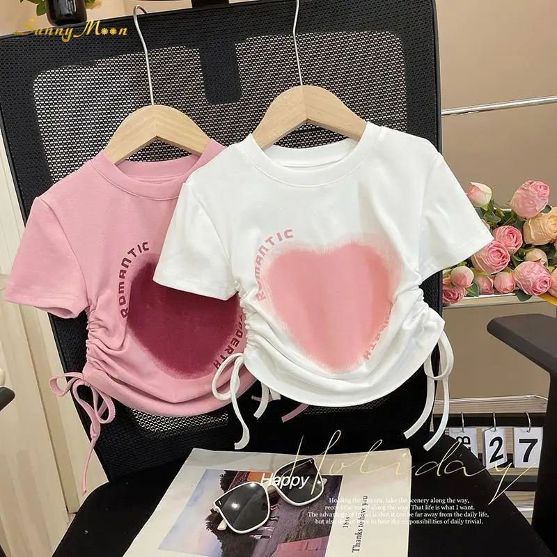 

Fashion Baby Girl Summer Cotton Solid Color Love Print Side Drawstring Top Short Sleeve T-Shirt Infant Toddler Child 1-10Y