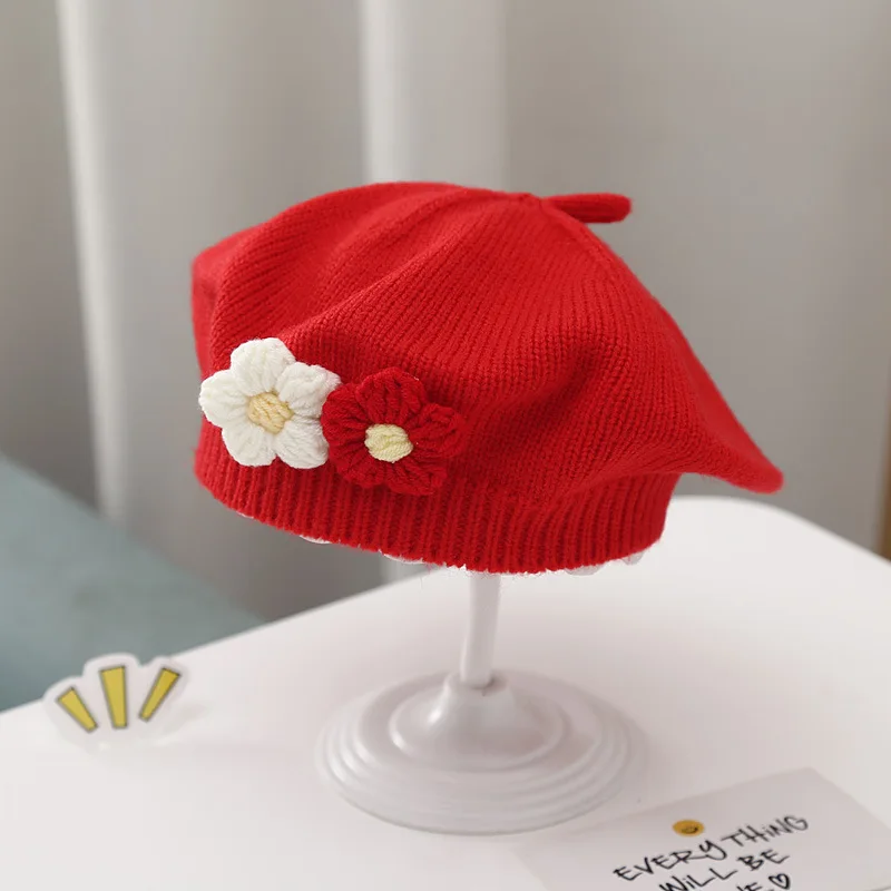 Knit Hat Flower Beret Cap for Infant Girls Korean Toddler Princess