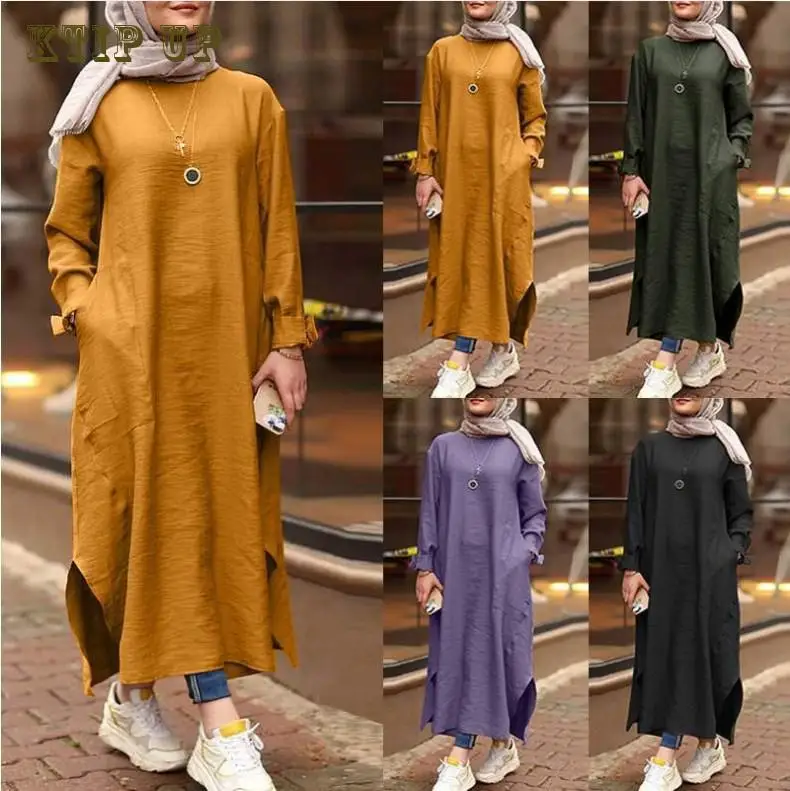 

Muslim Hijab Dress for Women, Long Sleeve, Maxi Dress, Female Robe, Round Neck, A-line Skirt, Casual Gown, Pocket