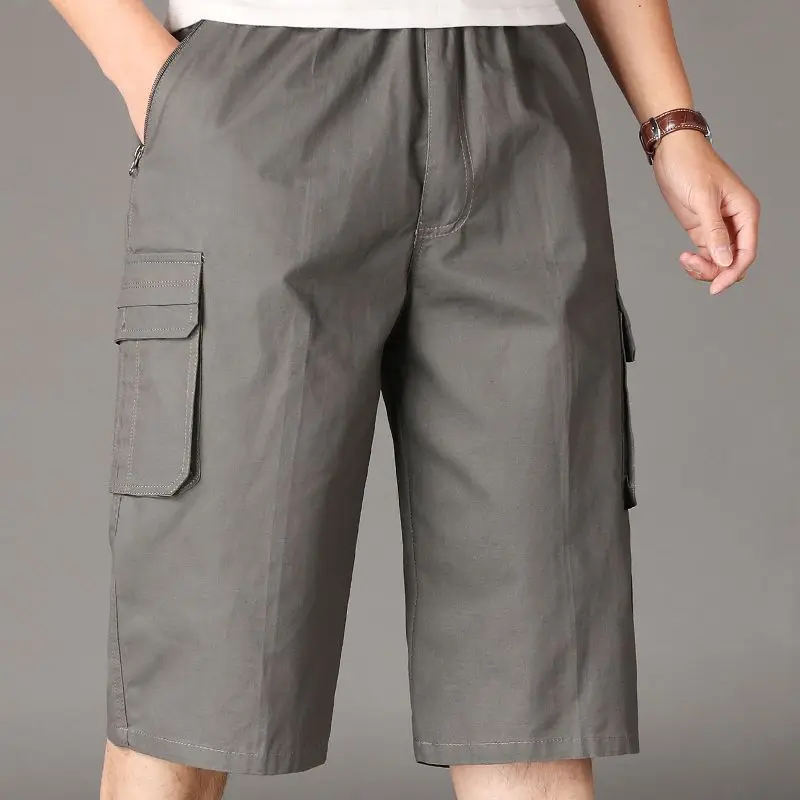 Men's Summer Shorts Cargo Pants Thin Cotton Middle-aged Casual Large Size Knee Length Multi-pocket Zipper Elastic Waist Shorts