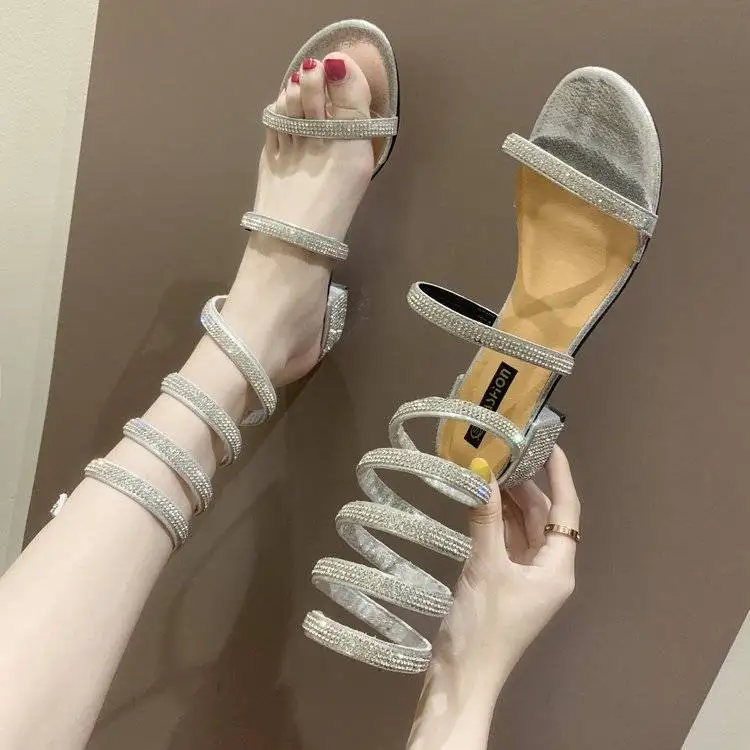 

Rhinestone Sandals Women's 2022 Summer All-match Thick-heeled Roman Snake-shaped High-end Sandals