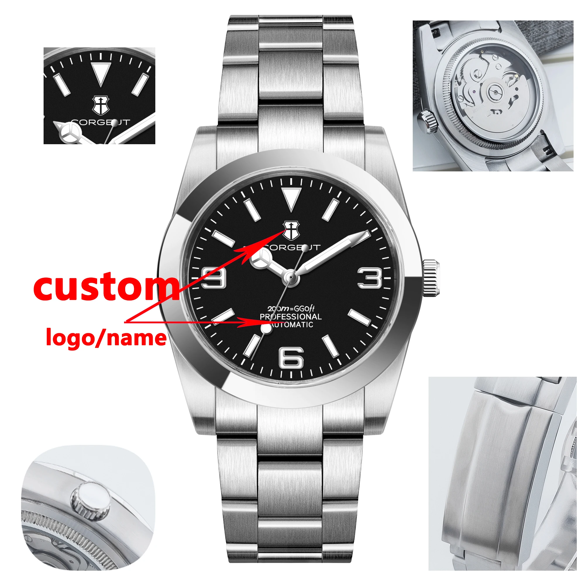 36/39mmcustom New Design pink black dial Mechanical Wristwatches Luxury Corgeut 10BARS Sapphire NH35 Movement Watch for Men