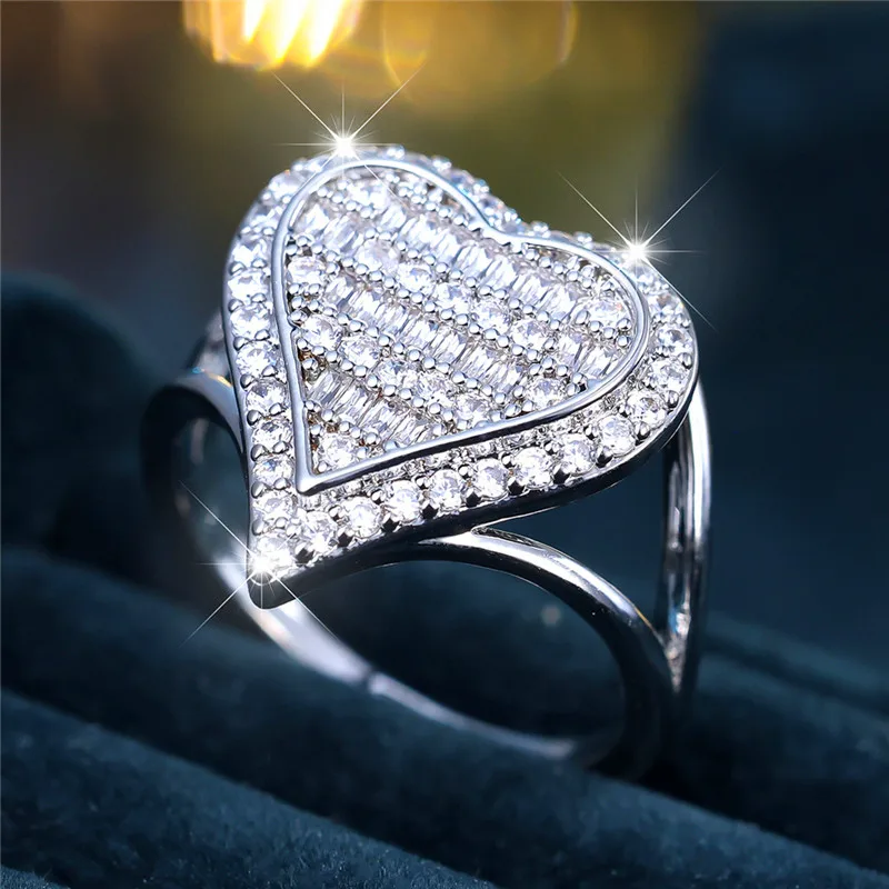 Luxury Female Small White Zircon Stone Heart Engagement Ring Trendy Silver Color Bride Wedding Jewelry Gift For Women