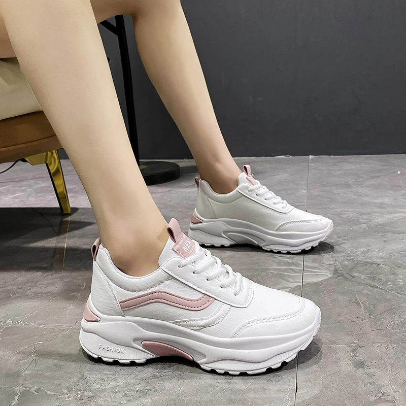 Casual Women Thick-soled Sneakers Fashion Spring Autumn Summer White Black PU lace-up  Vulcanized Shoes Mesh Rubber Non-slip New