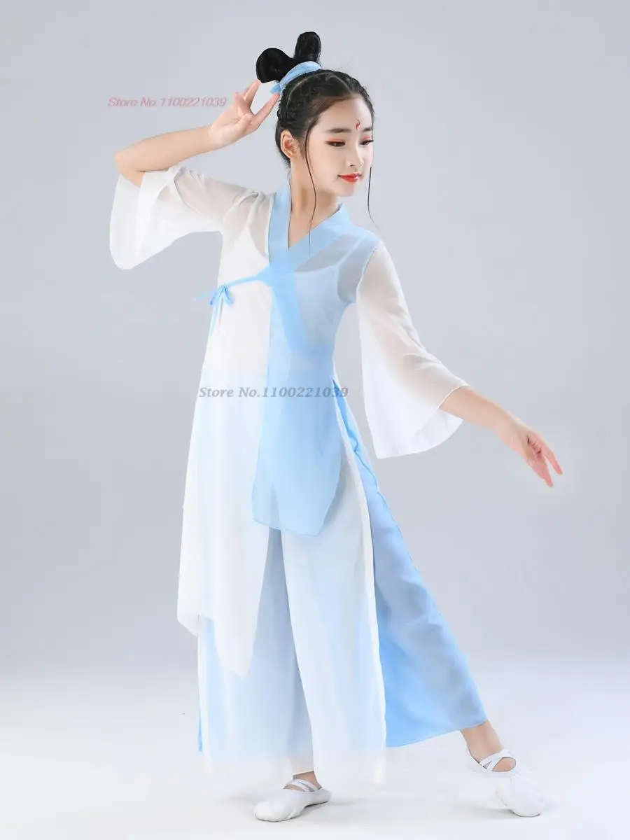 

2023 traditional children dance costume stage performance hanfu national gradient color mesh tops+pants set retro chiffon hanfu