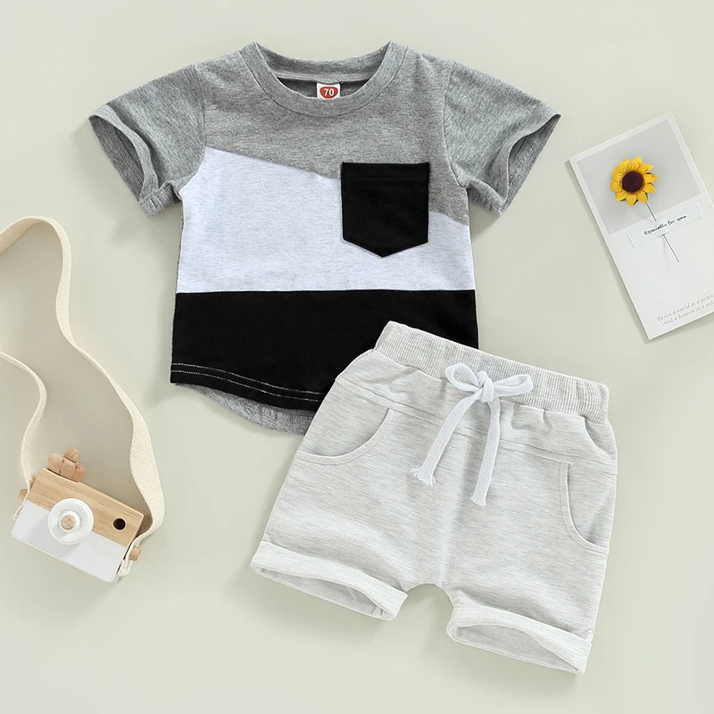 2Pcs Baby Boy Summer Clothes Set Contrast Color Short Sleeve Crew Neck T-Shirts Tops Elastic Waist Shorts Casual Set baby boy outfits,baby outfits