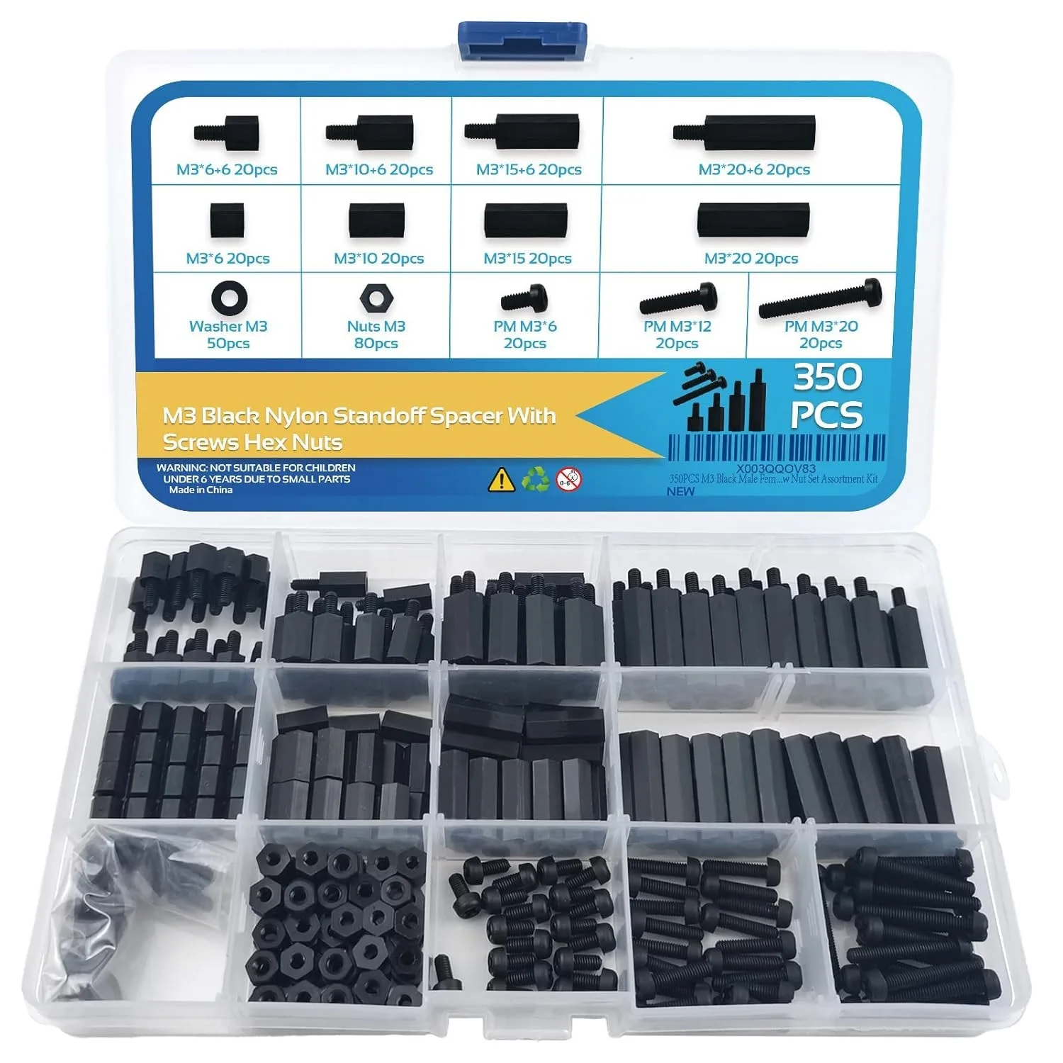 350PCS M3 Black Male Nylon Hexagonal Gasket Bracket Screw Nut Set Combination Kit