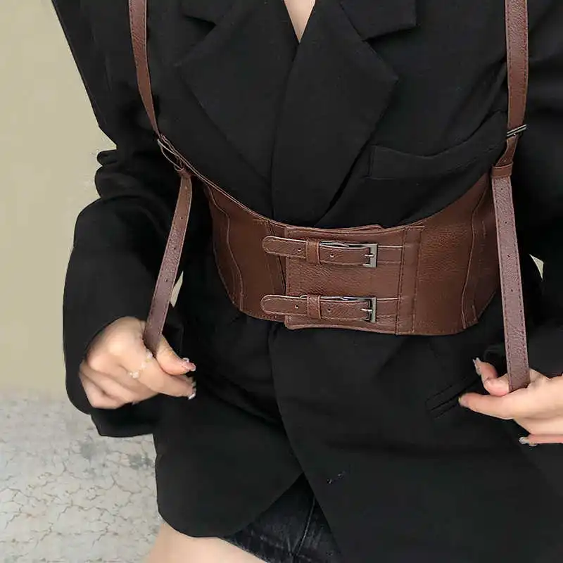 Women's wide waist belt stylish and luxurious retro design versatile waist cincher decorative black leather belt