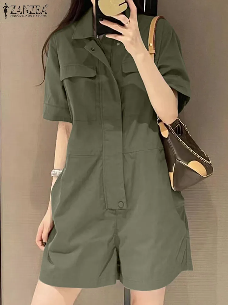 781450-f2a78b.jpg 2024 ZANZEA Summer Cargo Jumpsuits Women Fashion Lapel Neck Short Sleeve Rompers Elegant Solid Loose Overalls Casual Playsuits - Image 1