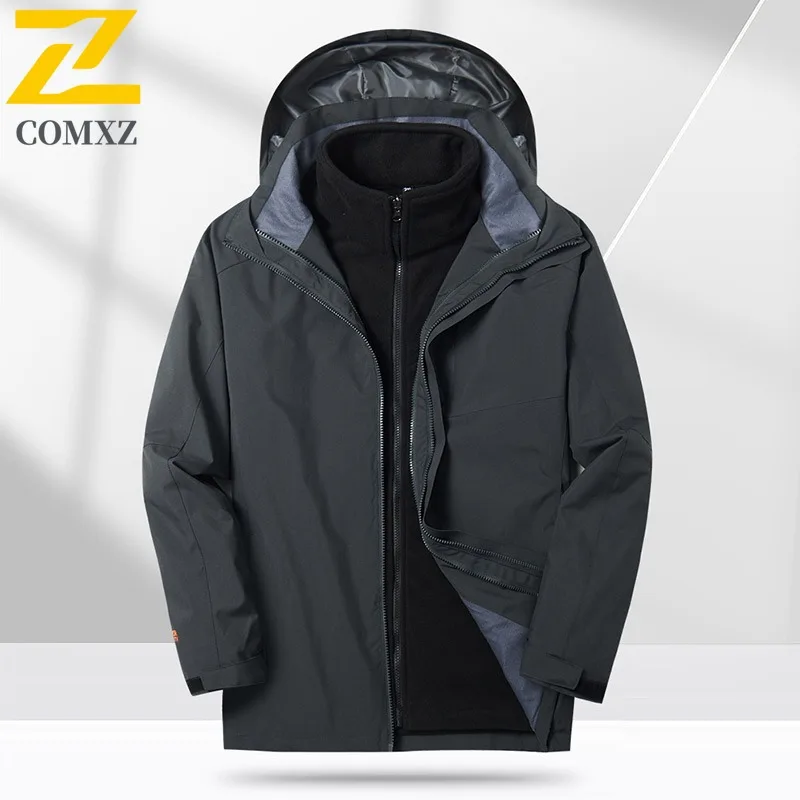 COMXZ Men Coat Thickened Warm Minimalist Hooded Work Climbing Biker Jacket 3 in1 Camping Breathable Scratch Resistant Outerwear
