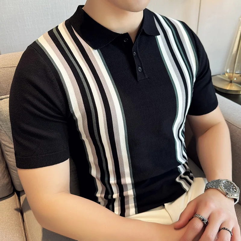Men's Business Casual Pullover 2024 High Quality, Vintage Stripe Stretch Polo Shirt Slim Fit Men's Turn-down Collar Short Sleeve