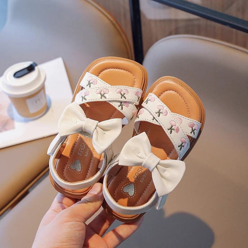 

Girls Sandals Embroidery Cross 2023 New Soft Bow Kids Fashion Casual Shoes Open-toe Breatheable Summer New French Style Platform