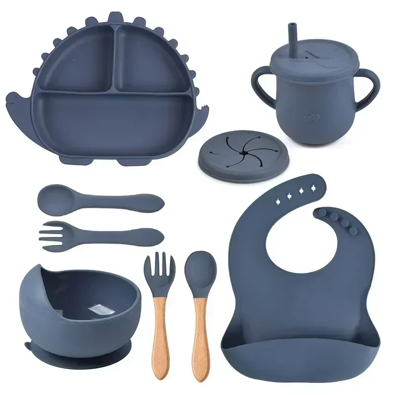 silicone tableware wooden tableware snack plate dinosaur non-toxic BPA free silicone bib divided suction plate suction cup bowl wood spoon fork World Cup gift kids
