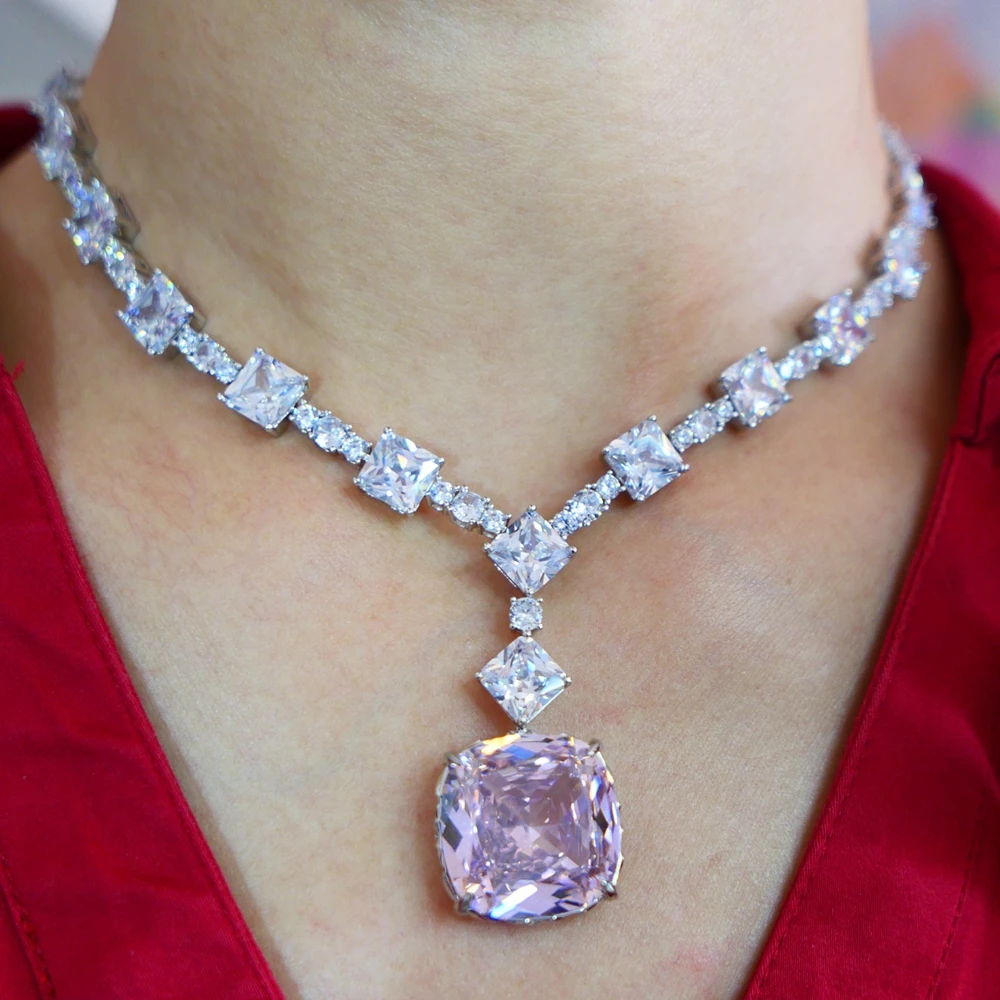 KQDANCE Cushion Cut 20*20mm Pink Zircon Tennis Necklace With