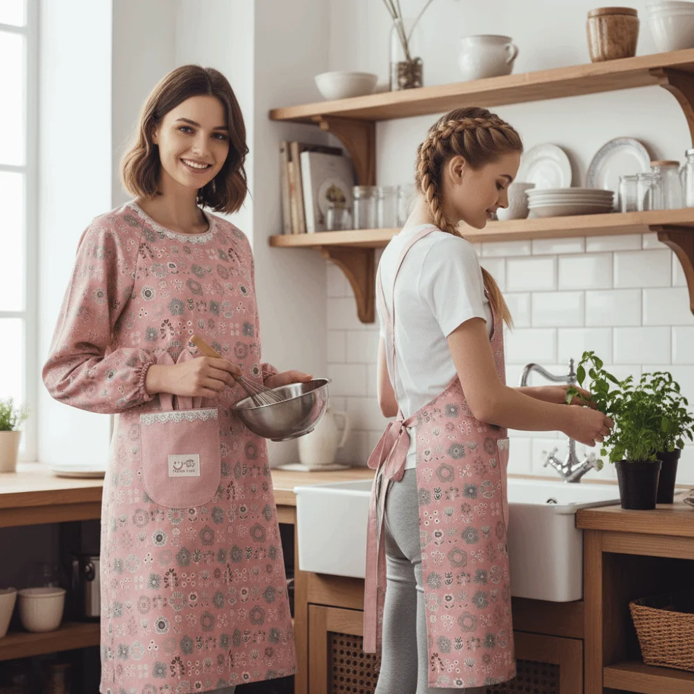 2Pcs Canvas Kitchen Cooking Apron Breathable Protective Long Sleeve Apron Adjustable Household Suspender Work Dress BBQ