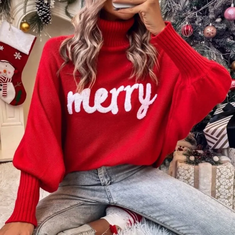 

2023 New Winter Women's Turtleneck Red Sweater Alphabet Knitwear Daily Street Trend Top Loose Clothes Slim Pullover