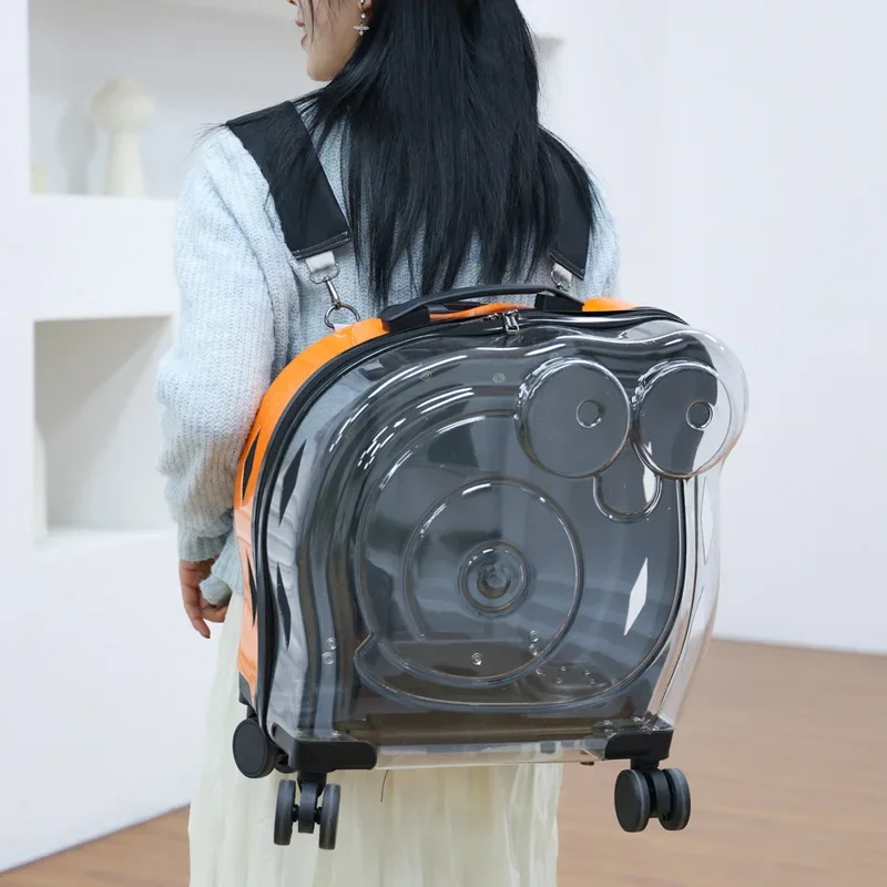 Convenient Travel Pet Suitcase Fashion Transparent Cat Carriers Pull Rod/Dual Shoulder Cat Cage Large Capacity Transport Box