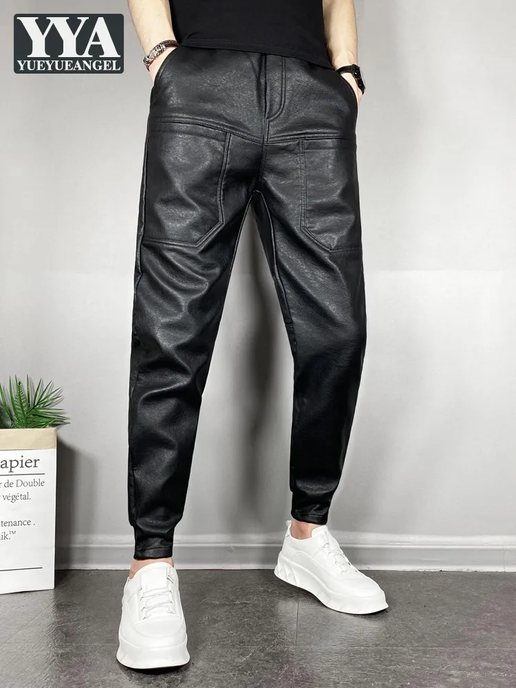 

Mens Motor Biker Strethcy Pu Leather Pants Elastic Waist Joggers Casual Long Trousers Winter Warm Fleece Lining Pencil Pants 38