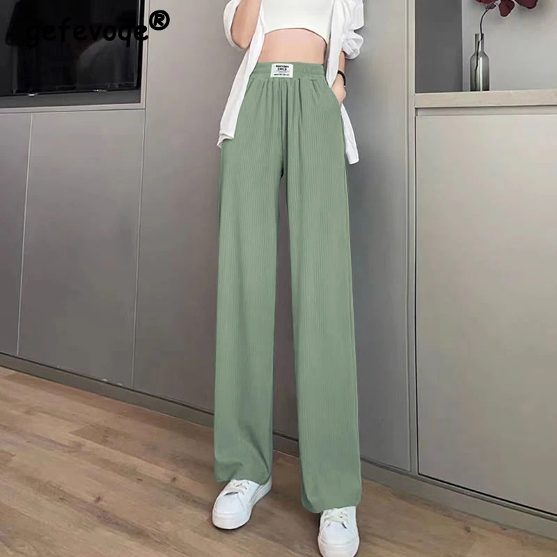 Korean Style Solid Ice Silk Thin Straight Wide Leg Trousers Female Summer Casual Streetwear High Waist Slim Pants Womens Clothes