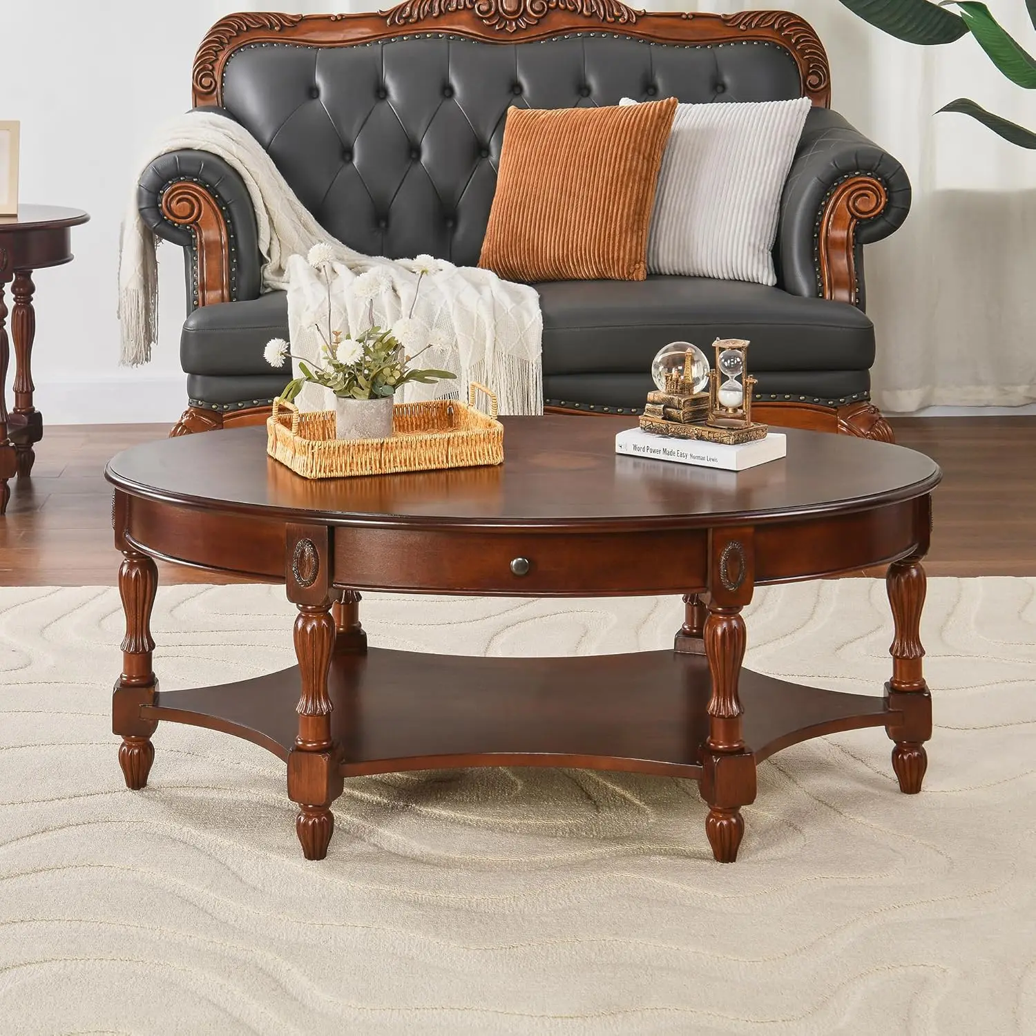 Oval Coffee Table, Cherry Solid Wood Coffee Table with Storage Drawer, Victorian Antique Vintage Coffee Tables 45"x27.6"x18.2",