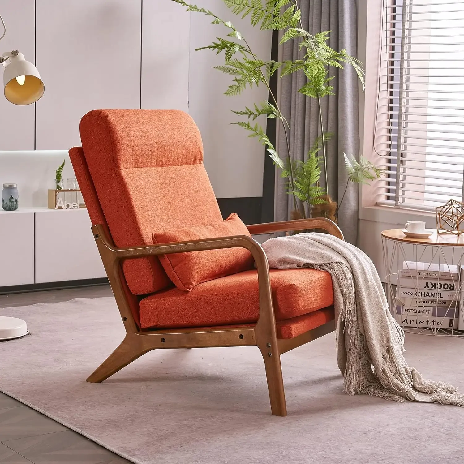 HIGH BACK BURNT ORANGE LINEN ACCENT CHAIR WITH SOLID WOOD DETAILS 3