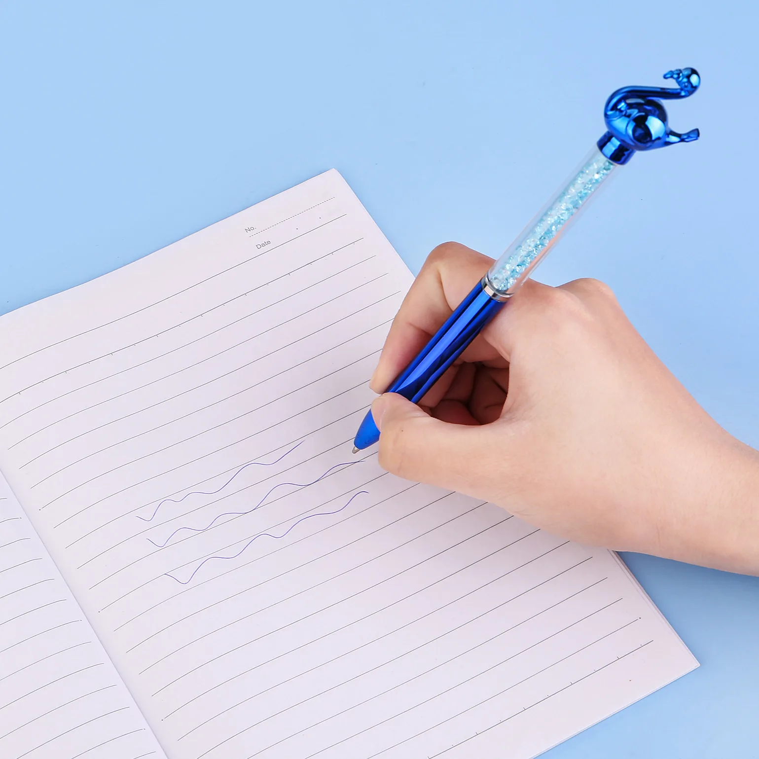 귀여운 크리스탈 플라밍고 볼펜, 블루 잉크, 귀여운 백조 회전 젤 펜, 학교 사무용품, 문구, 0.7mm, 10 개/로트