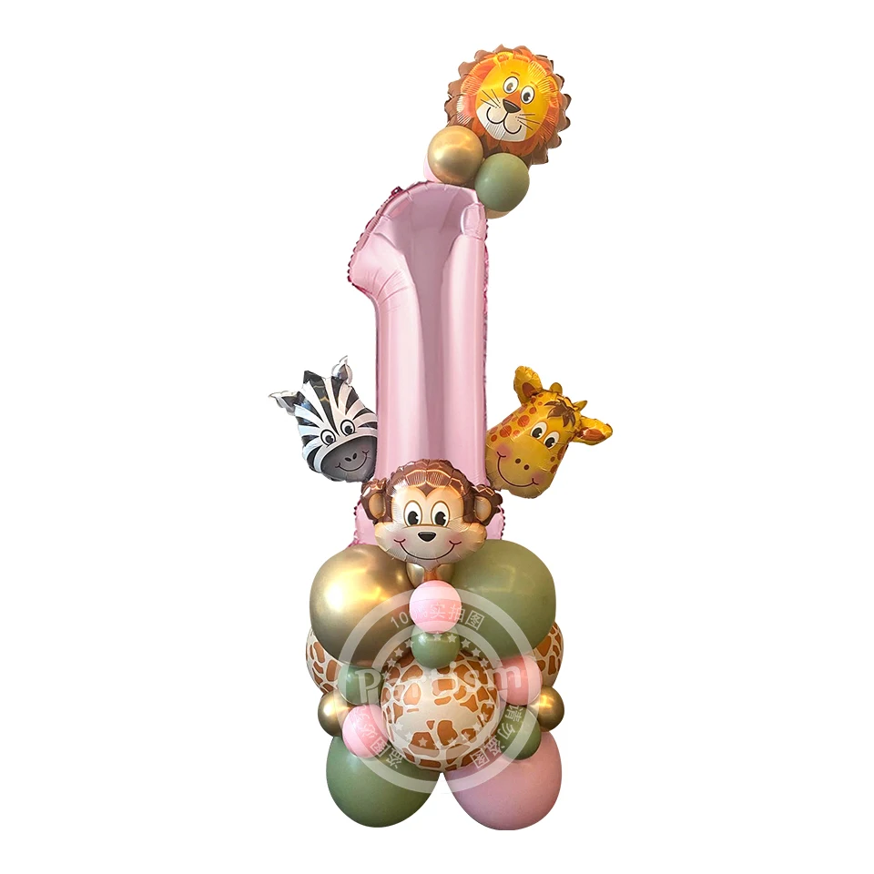31 Stück Karton Wildtier-Ballon Turm 32 Zoll rosa Zahlenfolienballon für Mädchen Wild One Themed Geburtstagsparty-Dekorationen – Detail 1