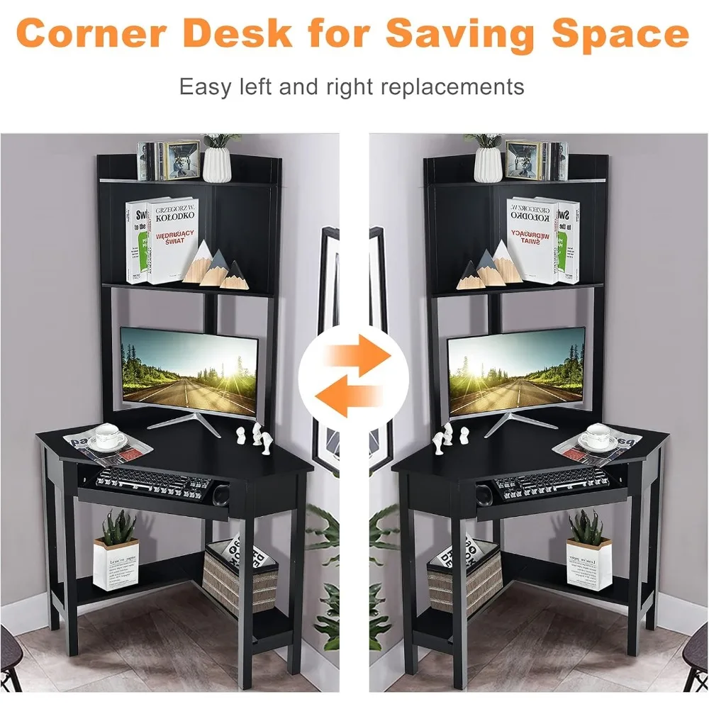 Corner Computer Desk with Hutch, Triangle Corner Desk w/Keyboard Tray and Bookshelves, Corner Writing Desk with Storage Shelves, 5