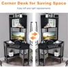 Corner Computer Desk with Hutch, Triangle Corner Desk w/Keyboard Tray and Bookshelves, Corner Writing Desk with Storage Shelves, 5