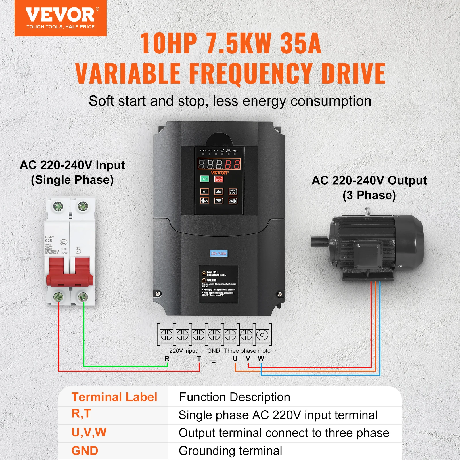 SucceBuy 0.75/7.5KW VFD Frequency Inverter 220V Output Variable Frequency Drive for Spindle Motor CNC Converter Speed Control