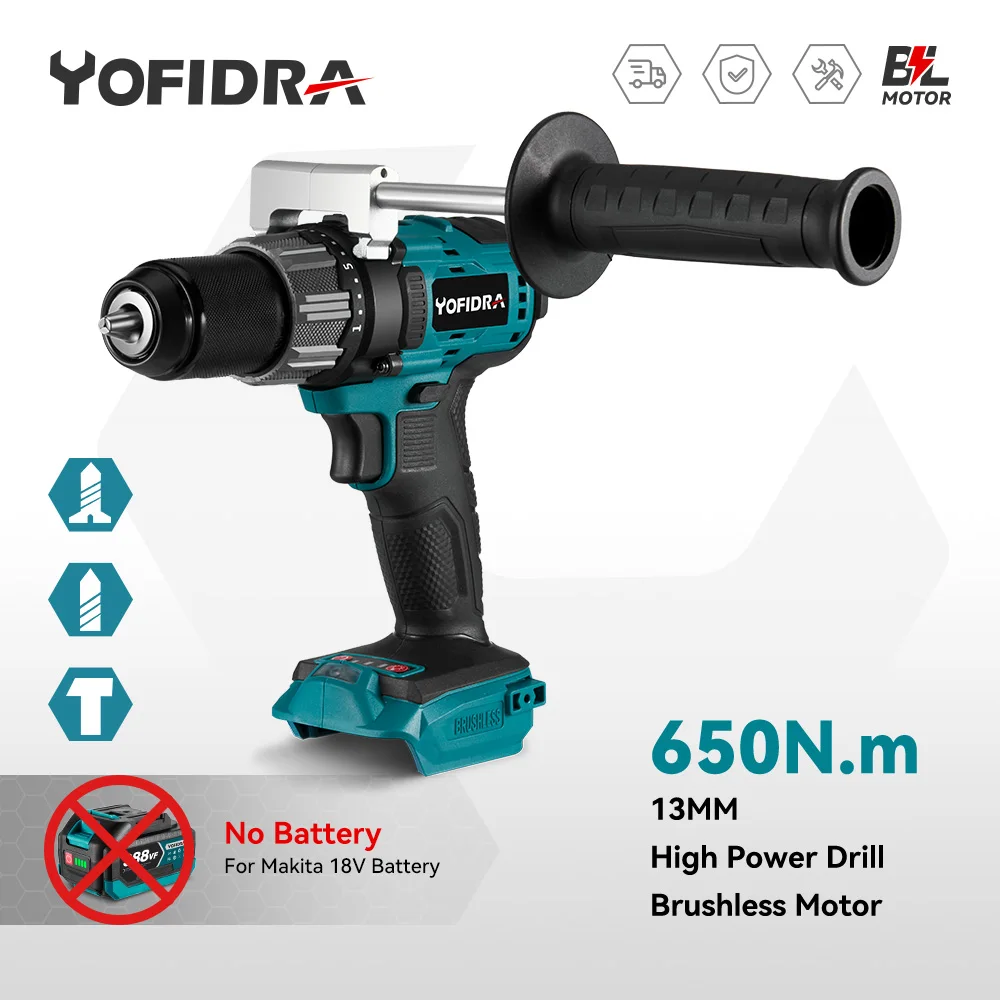 

YOFIDRA 650N.m Brushless Electric Drill 25+3 Torque 13mm 3 in 1 Cordless Screwdriver Ice Breaking Drill For Makita 18V Battery