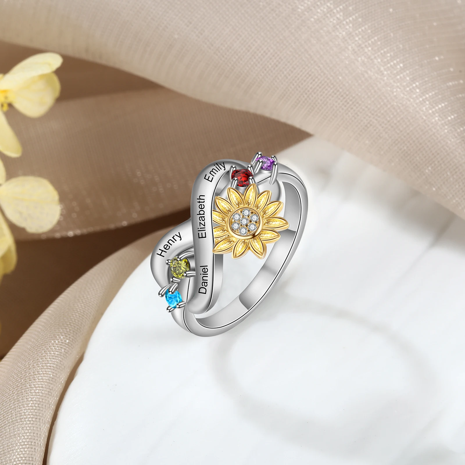Personalized Infinity Sunflower Birthstone Rings 5 | Personalized Infinity Sunflower Birthstone Rings 4