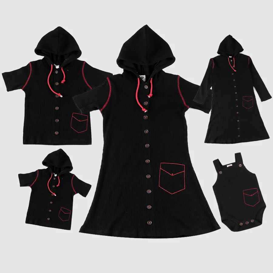 Family Matching Outfits Sets Ribbed Cotton Baby Romber Top Girl Vestidos Dress Boy t-shirt Hooded Family Matching Clothes Black