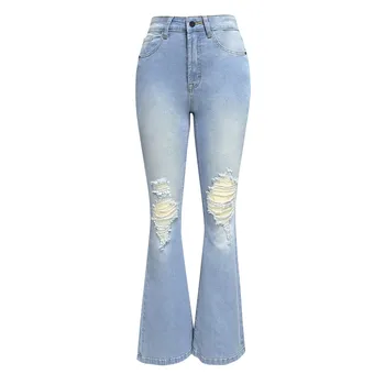 Women Ripped Flared Jeans Mid Waist Wide Leg Bootcut Denim Pants Streetwear Vintage Blue Trousers 4