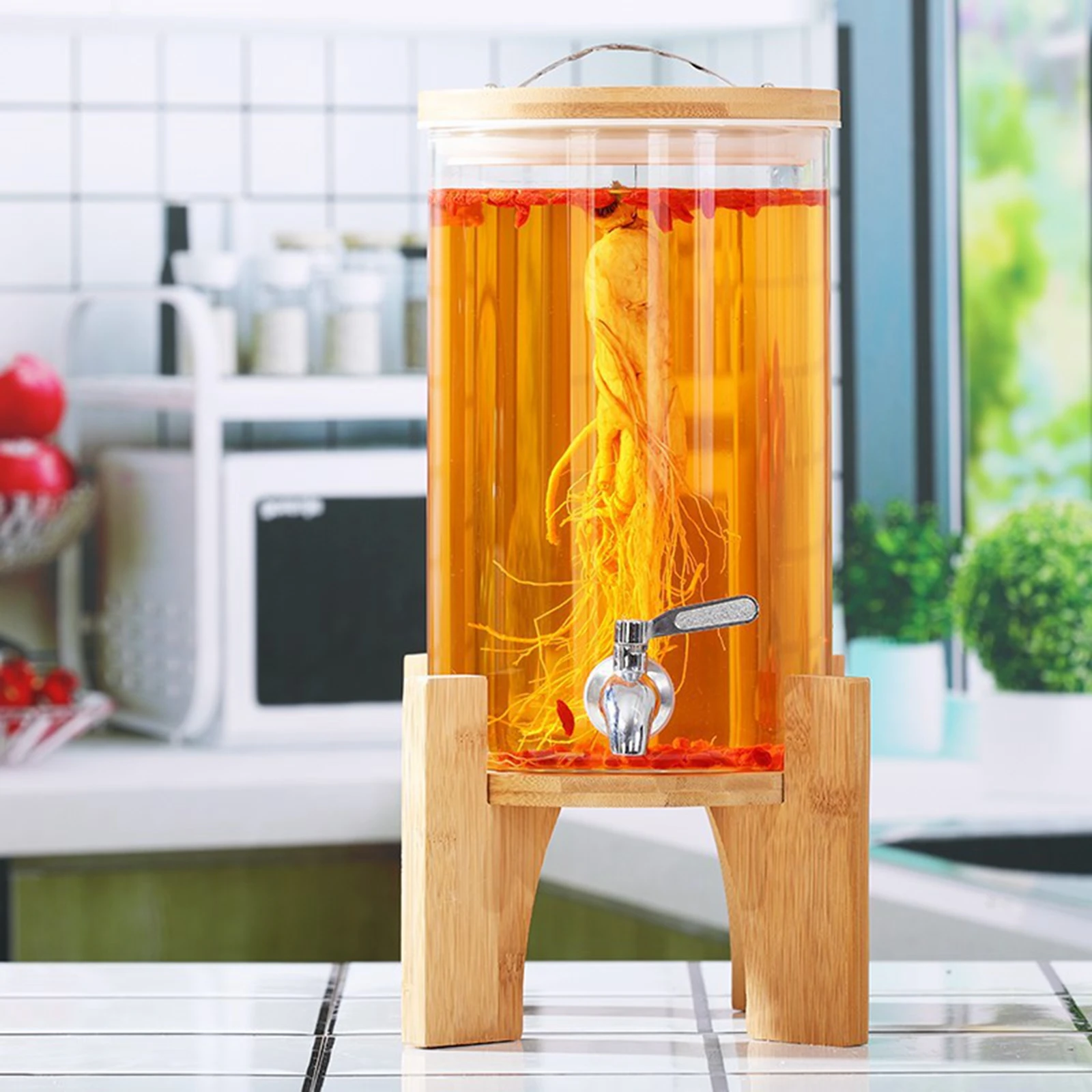 Glass Food Dispenser with Airtight Bamboo Lids & Wooden Stand 8 Liters