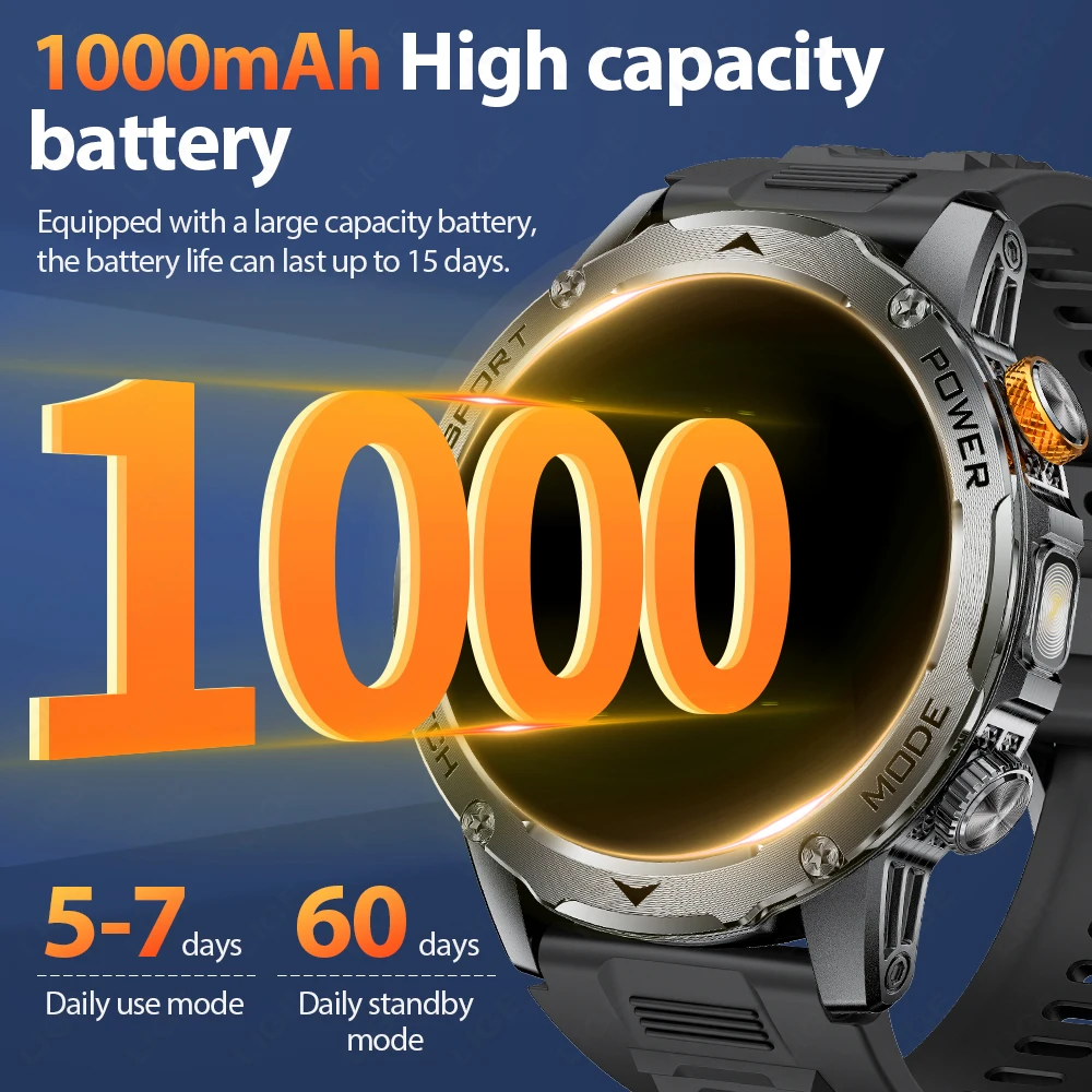 LIGE 1000mAh Smart Watch AMOLED HD 360*360 Resolution Smartwatch Blood Oxygen Health Monitor Men Smartwatches 100+Sports Tracker