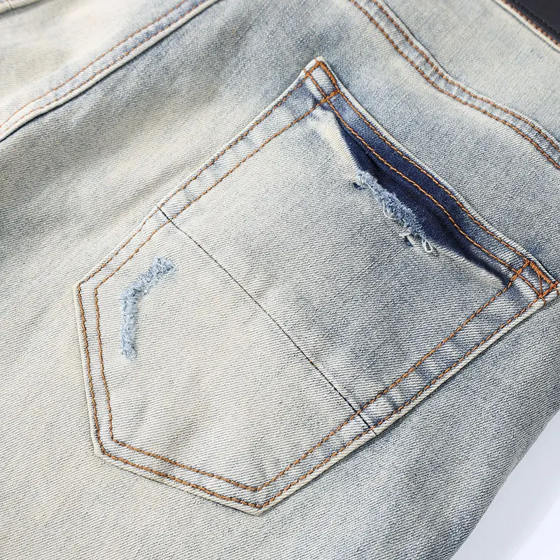 High Street Fashion Men's Jeans Vintage Light Blue Elastic Tight Split Jeans Men's Leather Panel White Patch Designer Hip Hop Br