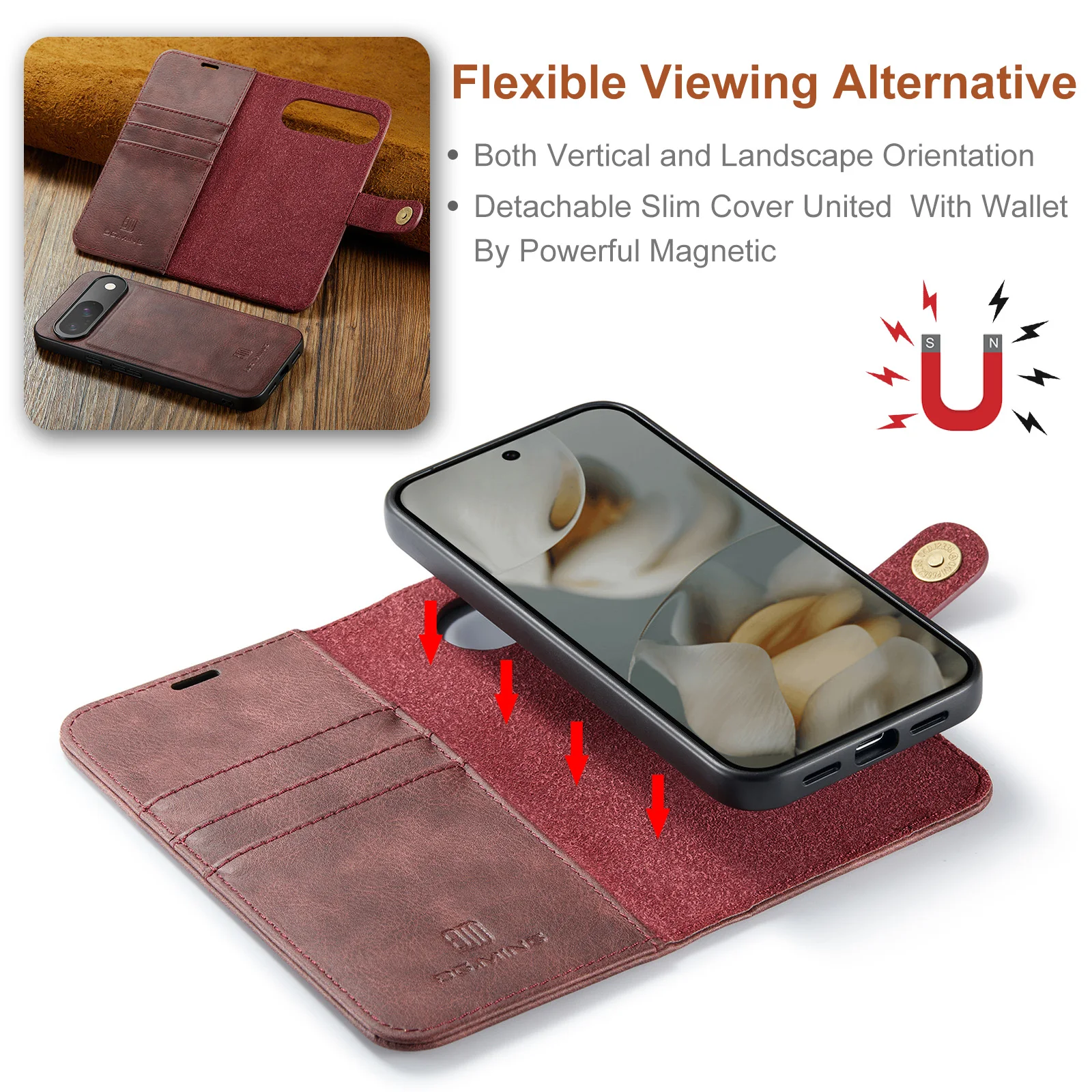 Premium Detachable Magnetic Leather Wallet Phone Case with Card Slot and Protective Flip Cover