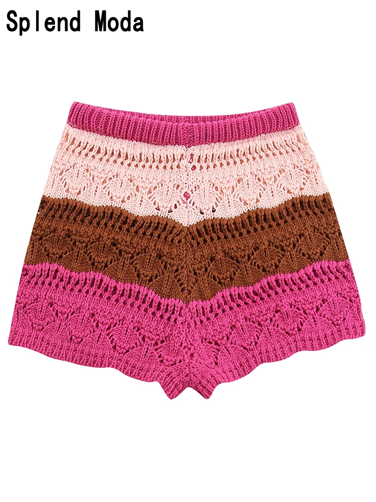 

2023 Women Summer New Fashion Sweet Color Striped Elastic Knitted Shorts Sexy High Waist Slim Chic Hollow Out Short Pants TRAF