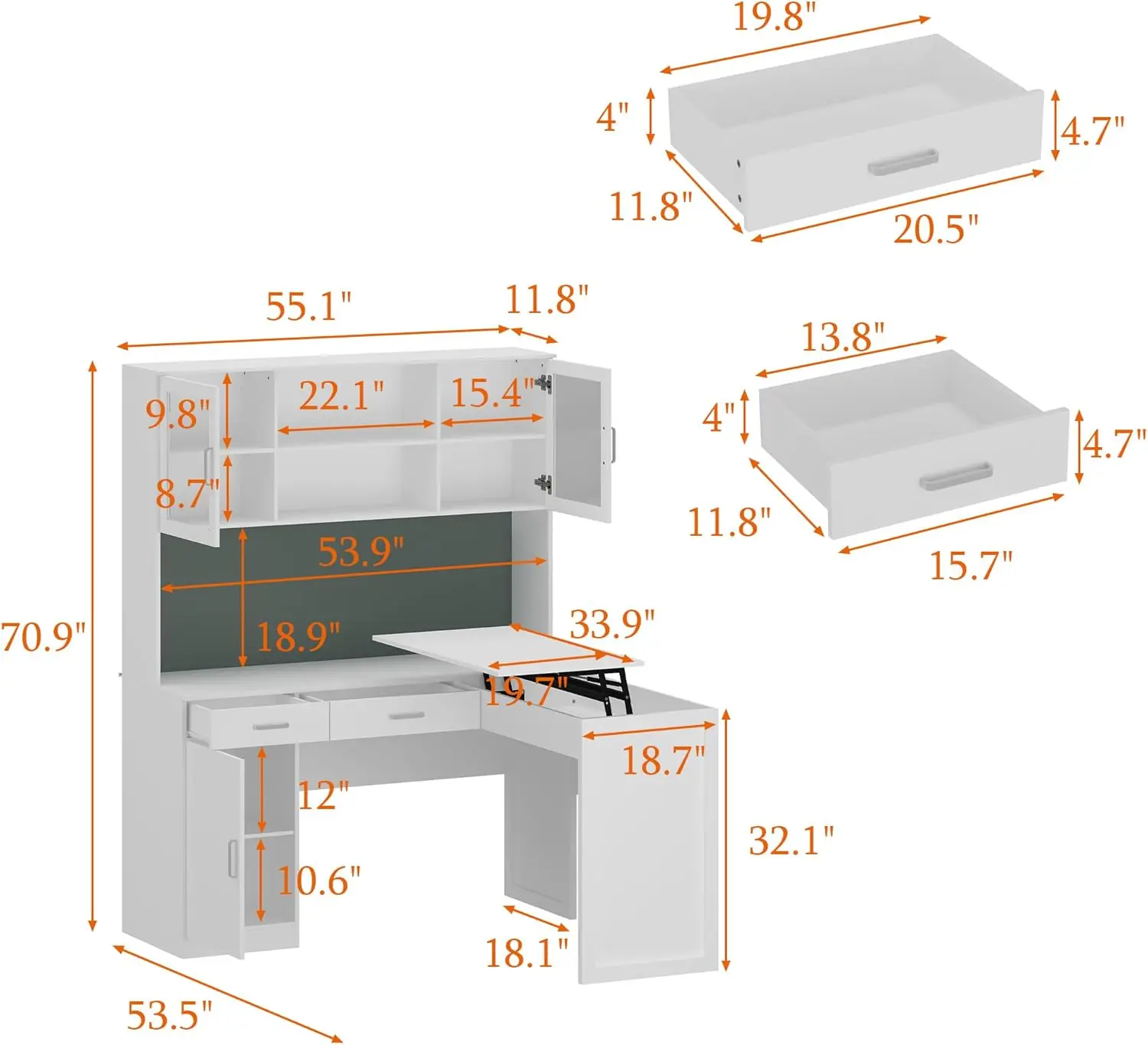 L-Shape Office Desk with Height Adjustable Top, Computer Desk with Drawers and Shelves,Corner for Home Office Living Room, White 3