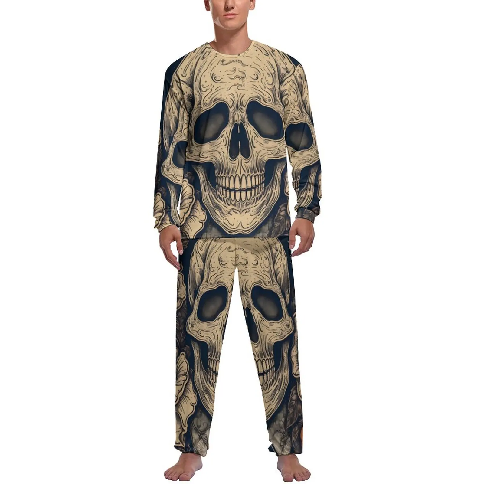 

Gothic Print Pajamas Long Sleeves Skull and Roses Two Piece Bedroom Pajama Sets Daily Mens Printed Kawaii Sleepwear