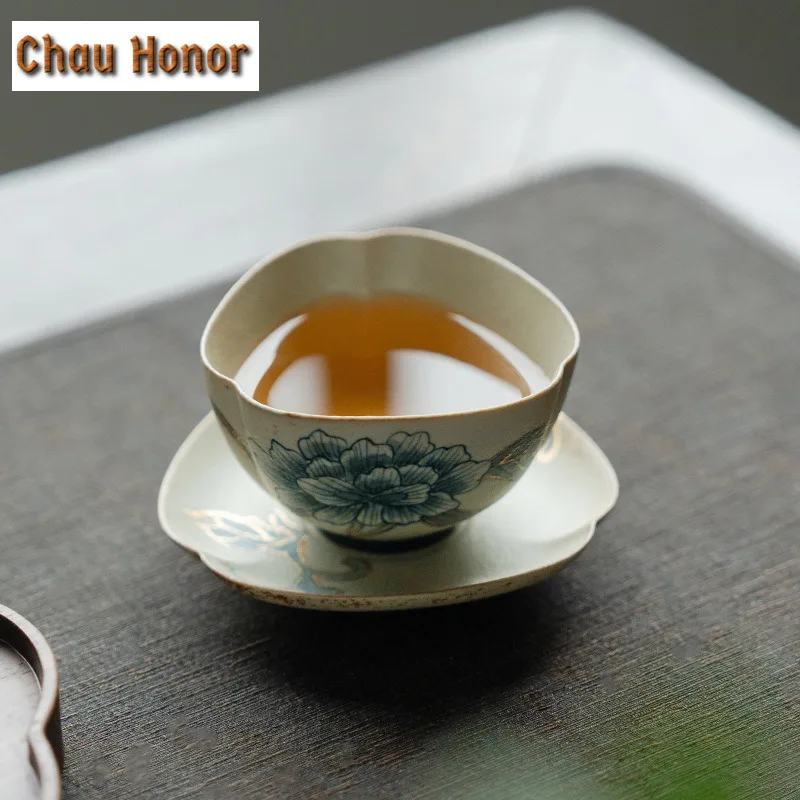 100ml Blue And White Flint Red Tea Cup Handmade Gold Drawing Peony Flower Tea Bowl With Saucer Kit Personal Master Cup Drinkware